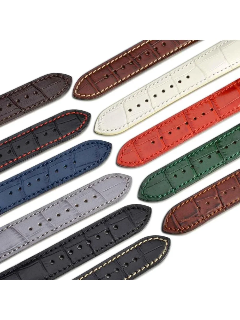 Italian Leather 20mm Watch Band, Embossed Alligator Grain, Silver Buckle, Black